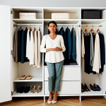 A well-dressed woman in a comfortable, stylish neutral-colored long-sleeve top and tailored trousers, fully clothed, modest clothing, appropriate attire. She stands calmly in a brightly lit, minimalist dressing room, facing an open, perfectly organized wardrobe. The closet features neatly arranged clothes in neutral tones (creams, grays, navys, whites) with ample space, symbolizing decluttering. The background is clean and uncluttered, emphasizing order. The woman conveys peace and clarity. perfect anatomy, correct proportions, natural pose, well-formed hands, proper finger count, natural body proportions, high-quality photography, studio lighting, clean aesthetic, safe for work, appropriate content, family-friendly, professional.