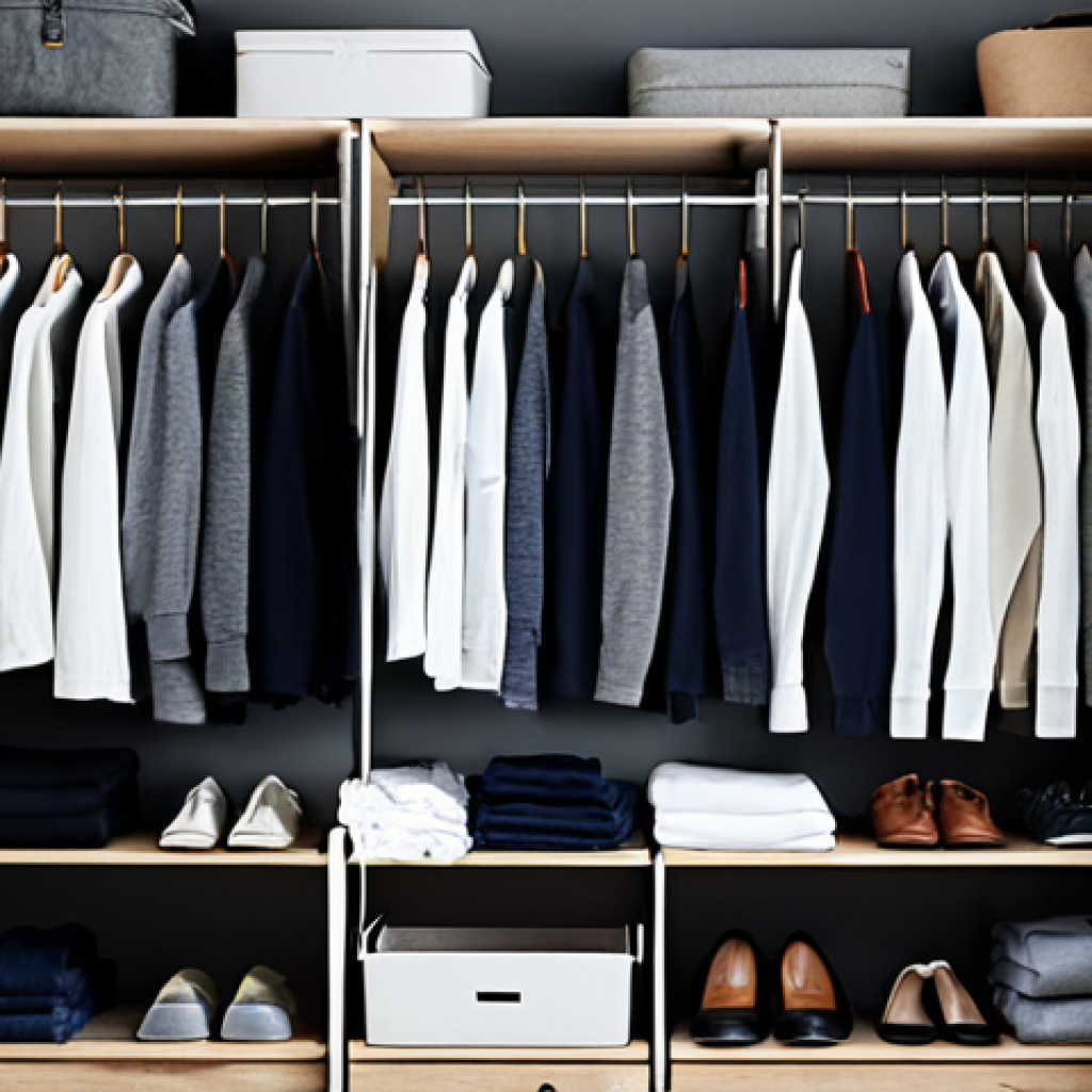 Organized Closet**

A neatly organized closet showcasing a minimalist wardrobe, featuring neutral-colored clothing such as white t-shirts, gray sweaters, and dark wash jeans. Clothes are arranged by category and color. Utilize clear storage containers and matching hangers. Natural lighting. safe for work, appropriate content, fully clothed, professional, perfect anatomy, correct proportions, natural pose, high quality.

**