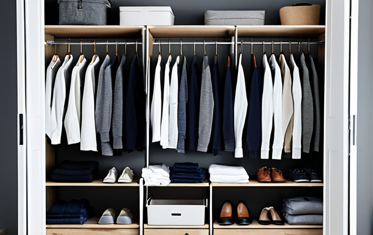 Organized Closet**

A neatly organized closet showcasing a minimalist wardrobe, featuring neutral-colored clothing such as white t-shirts, gray sweaters, and dark wash jeans. Clothes are arranged by category and color. Utilize clear storage containers and matching hangers. Natural lighting. safe for work, appropriate content, fully clothed, professional, perfect anatomy, correct proportions, natural pose, high quality.

**