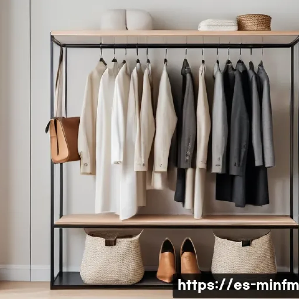 미니멀 워드로브로 스타일링의 재미 찾기 - A stylish minimalist wardrobe scene featuring a neatly organized closet with high-quality versatile ...