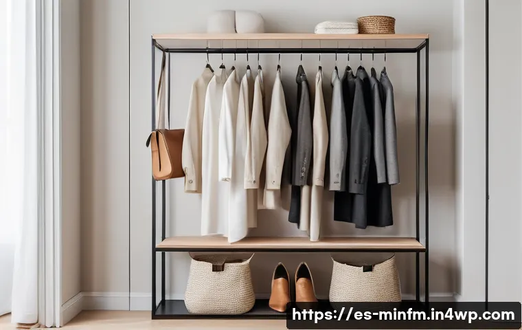 미니멀 워드로브로 스타일링의 재미 찾기 - A stylish minimalist wardrobe scene featuring a neatly organized closet with high-quality versatile ...