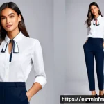 Home 22 미니멀 워드로브와 비즈니스 캐주얼 - A sophisticated business casual outfit featuring a woman wearing a crisp white cotton shirt with a s...
