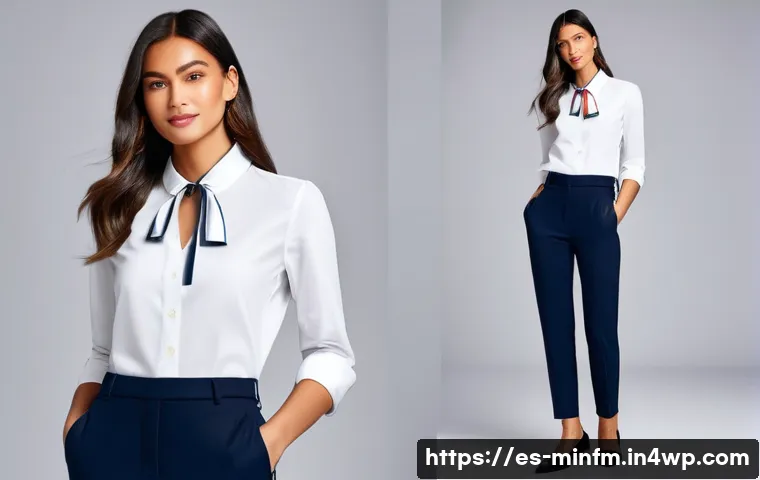 미니멀 워드로브와 비즈니스 캐주얼 - A sophisticated business casual outfit featuring a woman wearing a crisp white cotton shirt with a s...