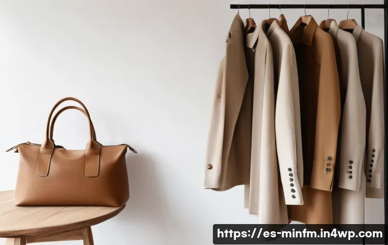 미니멀 워드로브에서 가장 인기 있는 아이템 - A minimalist wardrobe scene featuring neatly arranged classic garments made from natural materials: ...