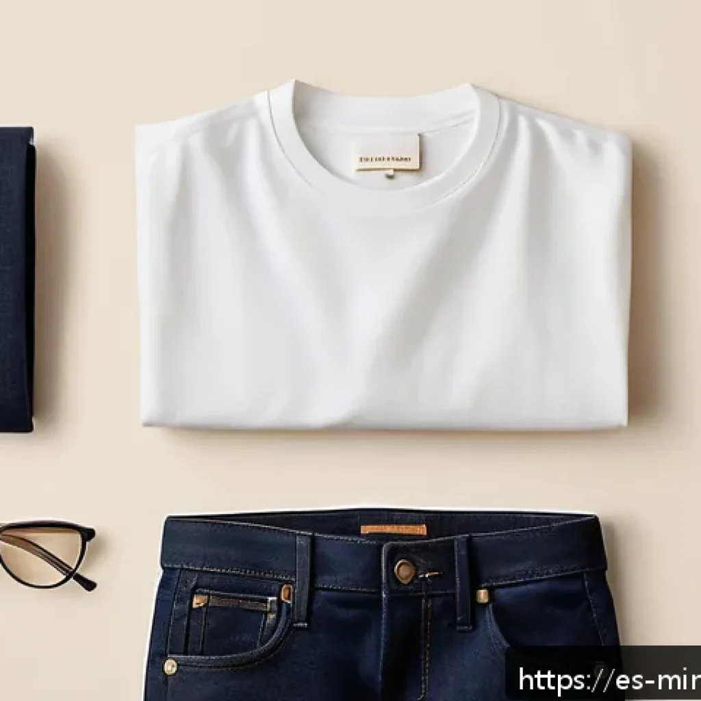 미니멀 워드로브의 스타일링 팁 - A minimalist wardrobe flat lay featuring essential clothing items: high-quality organic cotton white...