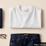 Home 20 미니멀 워드로브의 스타일링 팁 - A minimalist wardrobe flat lay featuring essential clothing items: high-quality organic cotton white...
