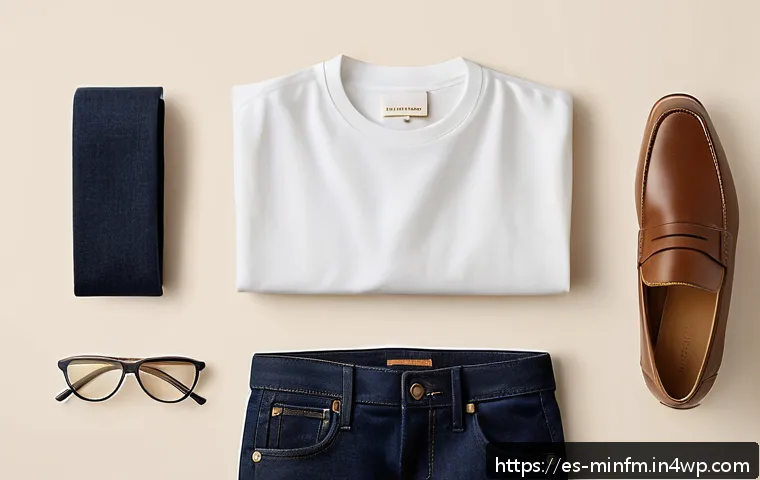 미니멀 워드로브의 스타일링 팁 - A minimalist wardrobe flat lay featuring essential clothing items: high-quality organic cotton white...