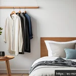 Home 19 미니멀 워드로브와 일상생활의 관계 - A minimalist bedroom scene featuring a neatly organized wardrobe with a limited selection of clothin...