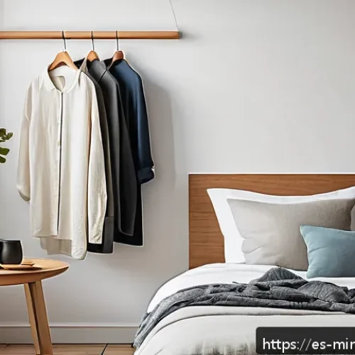 Home 31 미니멀 워드로브와 일상생활의 관계 - A minimalist bedroom scene featuring a neatly organized wardrobe with a limited selection of clothin...