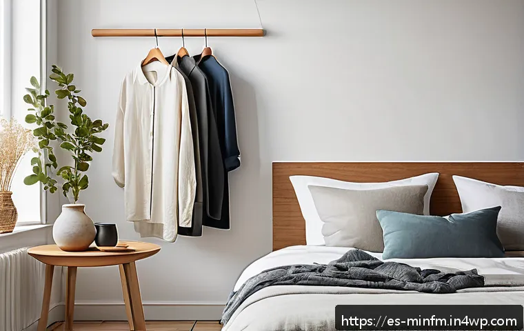 미니멀 워드로브와 일상생활의 관계 - A minimalist bedroom scene featuring a neatly organized wardrobe with a limited selection of clothin...