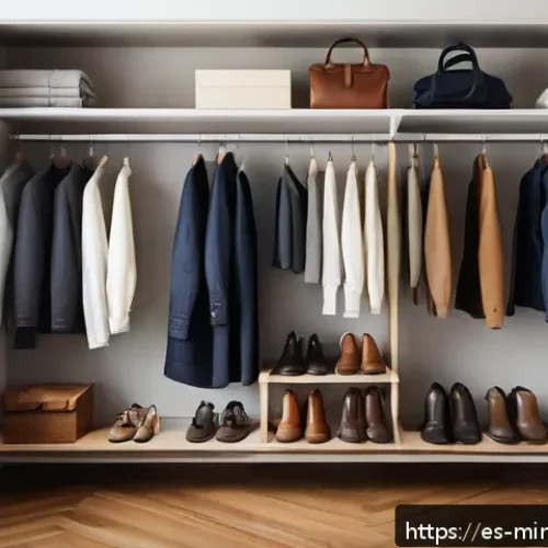 Home 17 미니멀 워드로브를 위한 스타일 가이드 - A minimalist wardrobe scene featuring a neatly organized closet with slim hangers holding classic, t...