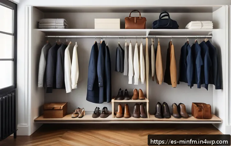미니멀 워드로브를 위한 스타일 가이드 - A minimalist wardrobe scene featuring a neatly organized closet with slim hangers holding classic, t...